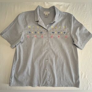 Vintage Alfred Dunner Blue White Stripe Summer Top Sz 16 Embroidered Beaded